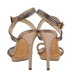 Pre Owned Gina Gold Leather Crystal Embellished Cross Ankle Strap Sandals Size 38