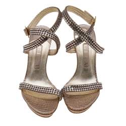 Pre Owned Gina Gold Leather Crystal Embellished Cross Ankle Strap Sandals Size 38