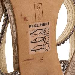 Pre Owned Gina Gold Leather Crystal Embellished Cross Ankle Strap Sandals Size 38