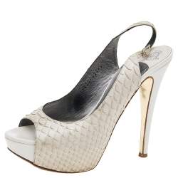 Gina White Python Leather Peep Toe Platform Slingback Sandals Size 38