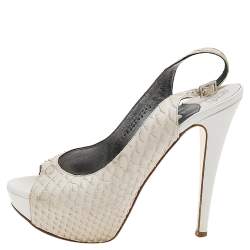 Gina White Python Leather Peep Toe Platform Slingback Sandals Size 38