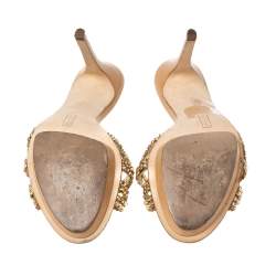 Pre Owned Gina Mid Tan Crystal Embellished Leather Platform Slide Sandals Size 37