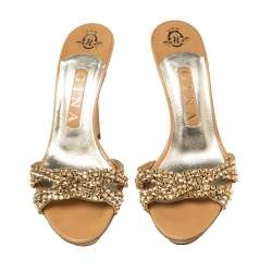 Pre Owned Gina Mid Tan Crystal Embellished Leather Platform Slide Sandals Size 37