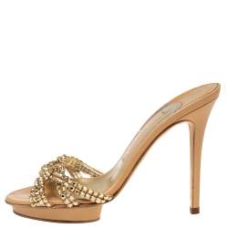 Pre Owned Gina Mid Tan Crystal Embellished Leather Platform Slide Sandals Size 37