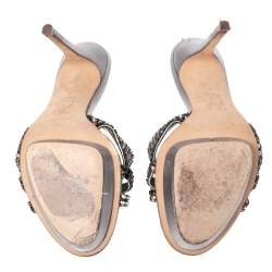 Pre Owned صندل سلايد جينا جلد رصاصي ميتاليك مزخرف كريستال نعل سميك مقاس 39