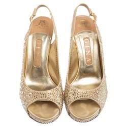Pre Owned Gina Gold Satin And Crystal Embellished Sandals Size 39
