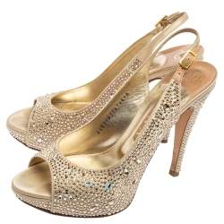 Pre Owned Gina Gold Satin And Crystal Embellished Sandals Size 39