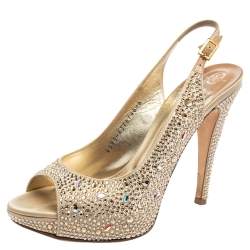 Pre Owned Gina Gold Satin And Crystal Embellished Sandals Size 39