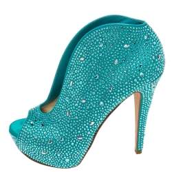 Pre Owned Gina Aqua Blue Crystal Embellished Satin Calamity Ankle Booties Size 39.5