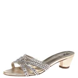 مملوكة مسبقًا Gina Gold Leather Crystal Embellished Block Heel Slides Size 38