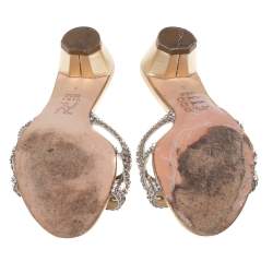 مملوكة مسبقًا Gina Gold Leather Crystal Embellished Block Heel Slides Size 38