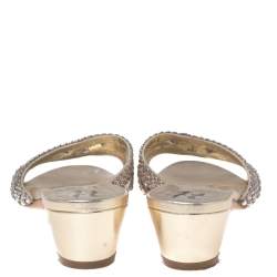 مملوكة مسبقًا Gina Gold Leather Crystal Embellished Block Heel Slides Size 38