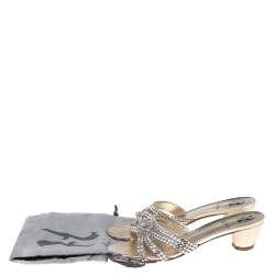 مملوكة مسبقًا Gina Gold Leather Crystal Embellished Block Heel Slides Size 38