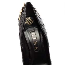 Pre Owned حذاء كعب عالي جينا جلد ثعبان أسود كعب مزخرف مقدمة مدببة مقاس 39.5