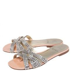 Pre Owned Gina Beige Patent Crystal Embellished Slip On Slides Size 38