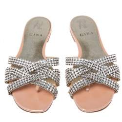 Pre Owned Gina Beige Patent Crystal Embellished Slip On Slides Size 38