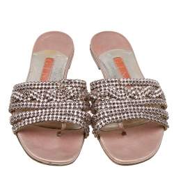 مملوكة مسبقًا Gina Pink Crystal Embellished Leather Thong Flat Slides Size 37