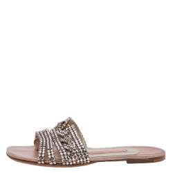 مملوكة مسبقًا Gina Pink Crystal Embellished Leather Thong Flat Slides Size 37