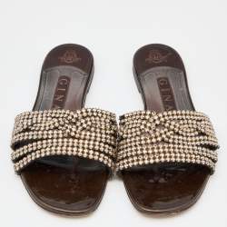 مملوكة مسبقًا Gina Brown Leather Crystal Embellished Flat Sandals Size 38.5