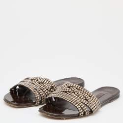 مملوكة مسبقًا Gina Brown Leather Crystal Embellished Flat Sandals Size 38.5