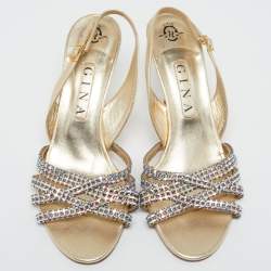 Pre Owned Gina Gold Leather Crystal Embellished Slingback Sandals Size 40.5