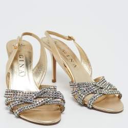 Pre Owned Gina Gold Leather Crystal Embellished Slingback Sandals Size 40.5