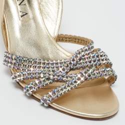 Pre Owned Gina Gold Leather Crystal Embellished Slingback Sandals Size 40.5