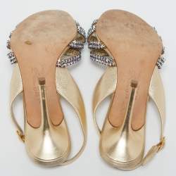 Pre Owned Gina Gold Leather Crystal Embellished Slingback Sandals Size 40.5