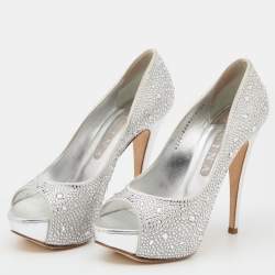Pre Owned Gina Silver Satin Crystal Embellished Peep Toe Platform Pumps Size 39.5