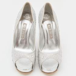 Pre Owned Gina Silver Satin Crystal Embellished Peep Toe Platform Pumps Size 39.5