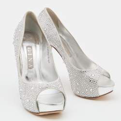 Pre Owned Gina Silver Satin Crystal Embellished Peep Toe Platform Pumps Size 39.5