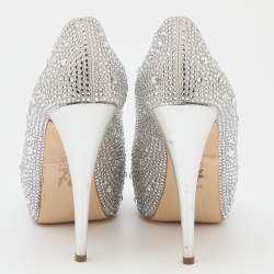 Pre Owned Gina Silver Satin Crystal Embellished Peep Toe Platform Pumps Size 39.5