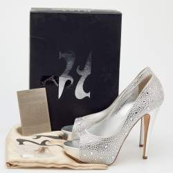 Pre Owned Gina Silver Satin Crystal Embellished Peep Toe Platform Pumps Size 39.5