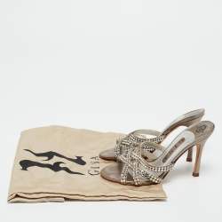 Pre Owned صندل سلايد جينا جلد رصاصي مزخرف كريستال مقاس36