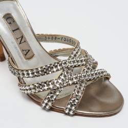 Pre Owned صندل سلايد جينا جلد رصاصي مزخرف كريستال مقاس36