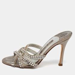 Pre Owned صندل سلايد جينا جلد رصاصي مزخرف كريستال مقاس36