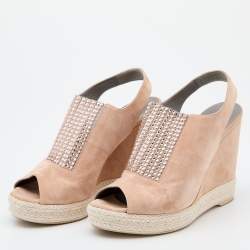 Gina Peach Suede Crystal Embellished Platform Wedge Sandals Size 40