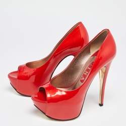 Pre Owned Gina Red Patent Leather Platform Peep Toe Pumps Size 37.5