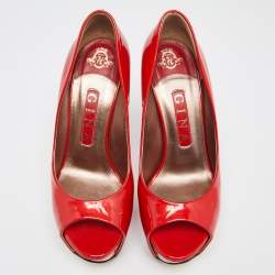 Pre Owned Gina Red Patent Leather Platform Peep Toe Pumps Size 37.5