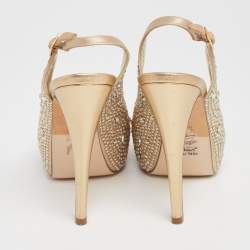 Pre Owned صندل جينا ساتان ذهبي مرصع كريستال  فتحة كعب  مقاس 36