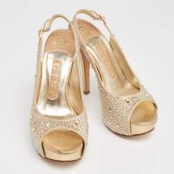 Pre Owned صندل جينا ساتان ذهبي مرصع كريستال  فتحة كعب  مقاس 36