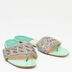 Pre Owned Gina Green Crystal Embellished Leather Thong Flats Size 40