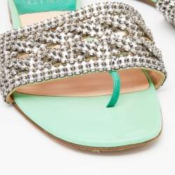 Pre Owned Gina Green Crystal Embellished Leather Thong Flats Size 40