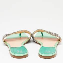 Pre Owned Gina Green Crystal Embellished Leather Thong Flats Size 40