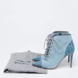 Pre Owned Gina Blue Denim And Croc Embossed Patent Ankle Boots Size 38