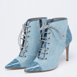Pre Owned Gina Blue Denim And Croc Embossed Patent Ankle Boots Size 38