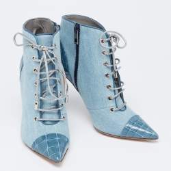 Pre Owned Gina Blue Denim And Croc Embossed Patent Ankle Boots Size 38