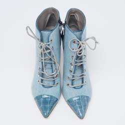 Pre Owned Gina Blue Denim And Croc Embossed Patent Ankle Boots Size 38