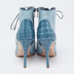 Pre Owned Gina Blue Denim And Croc Embossed Patent Ankle Boots Size 38