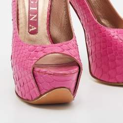 Pre Owned Gina Pink Python Leather Peep Toe Platform Slingback Sandals Size 36.5